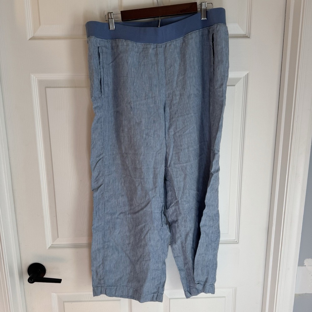 J Jill Women's Love Linen Pants White and Blue Striped Size L Elastic Waist